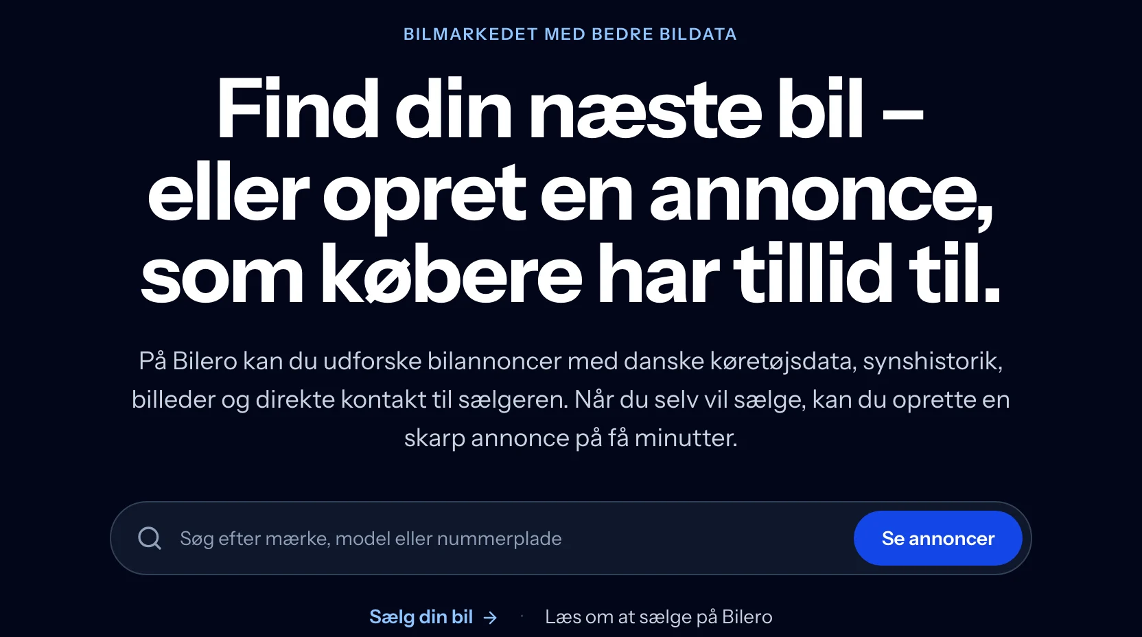 Bileros forside med søgefelt til mærke, model eller nummerplade