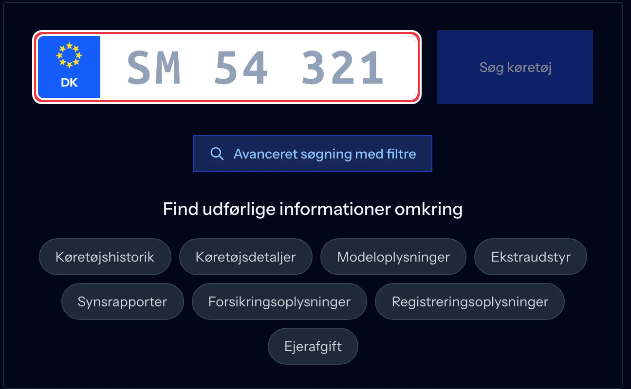 Bileros nummerpladeopslag med dansk nummerplade og datakategorier