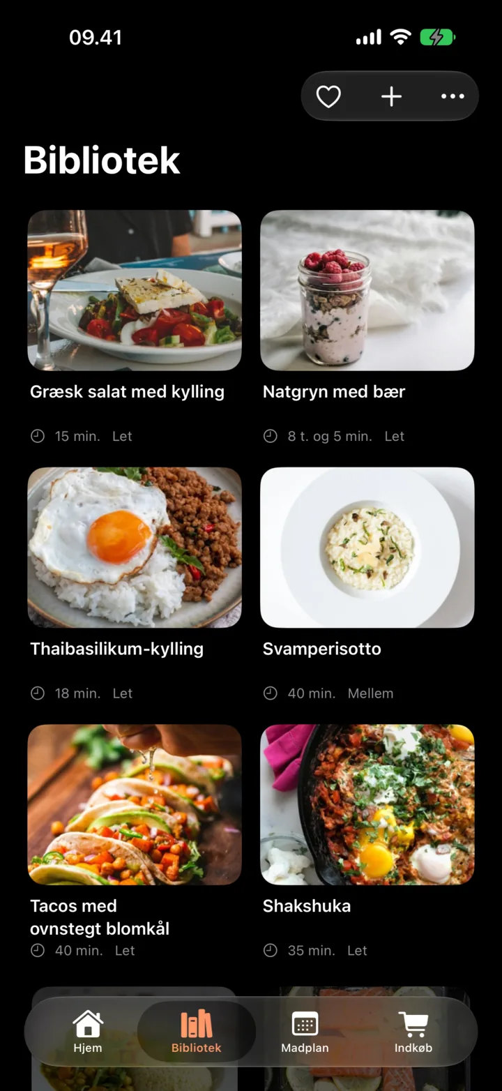 MealFoundrys opskriftsbibliotek på iPhone med seks retter og deres billeder