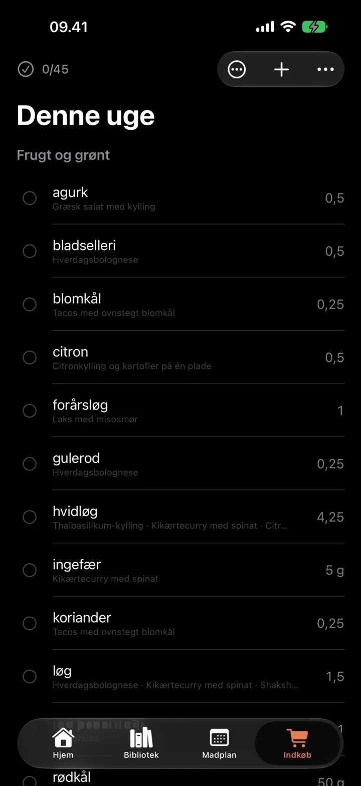 Ugens indkøbsliste i MealFoundry, grupperet efter varetype
